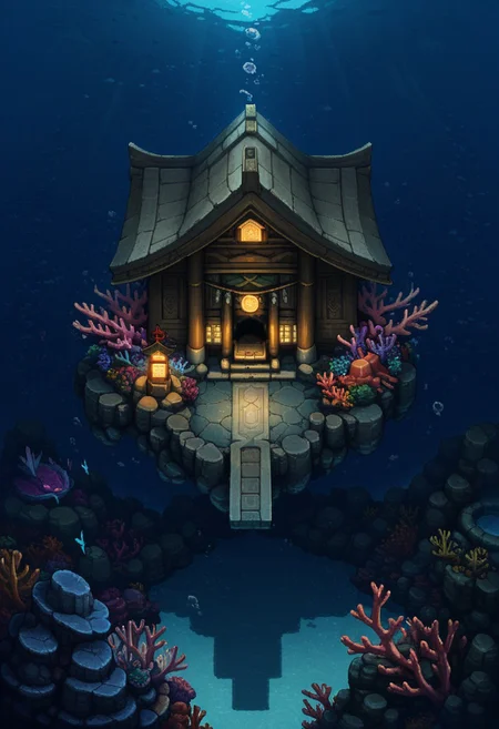 AMAZING QUALITY, MASTERPIECE, OVERWORLD, SCENERY, FROM ABOVE, DARK, UNDERWATER, TEMPLE, CORAL, GLOWING