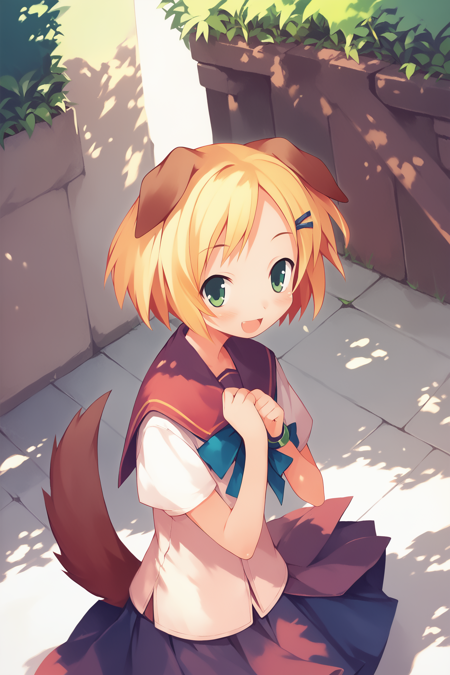 score_9,score_8_up,score_7_up,masterpiece,best quality,
1girl,solo,animal ears,tail,school uniform,dog ears,blonde hair,dog tail,skirt,green eyes,open mouth,own hands together,smile,blush,short hair,
<lora:Keiji Yamamoto_XL_PONY:1.4>,