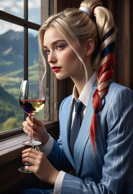 gorgeous young Swiss woman sitting by window with glass of wine , wearing with a suit long (white:blue:1.4) and red streaks highlights hair tomboy, mega twintails, soft lips, beach blonde hair, octane render, unreal engine, photograph, realistic skin texture, photorealistic, hyper realism, highly detailed, 85mm portrait photography, award winning, hard rim lighting photography, Movie concept art, trending on ArtStation, ultra-detailed realism, cinematic composition