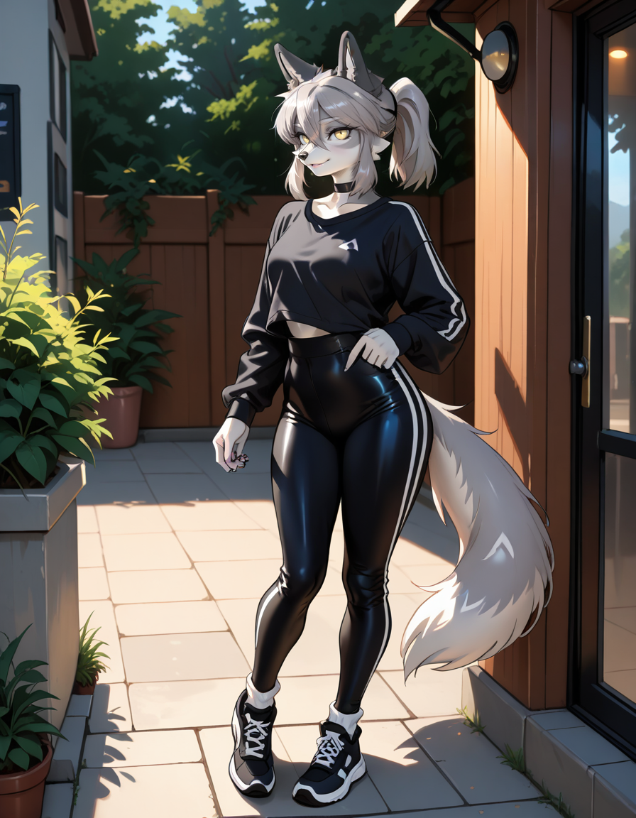 masterpiece, best quality, very aesthetic, absurdres,
outdoors, 
full body,  standing, posing,
casual, 
seductive smile, parted lips, long eyelashes,
<lora:Seraya_v01_NAIXL:1>
S3ray4,1girl,solo,furry,furry female,wolf girl,wolf ears,short hair,grey hair,ponytail,hair between eyes,long sidelocks,yellow eyes,snout,animal nose,choker,body fur,two-tone fur,grey fur,white fur,wolf tail,