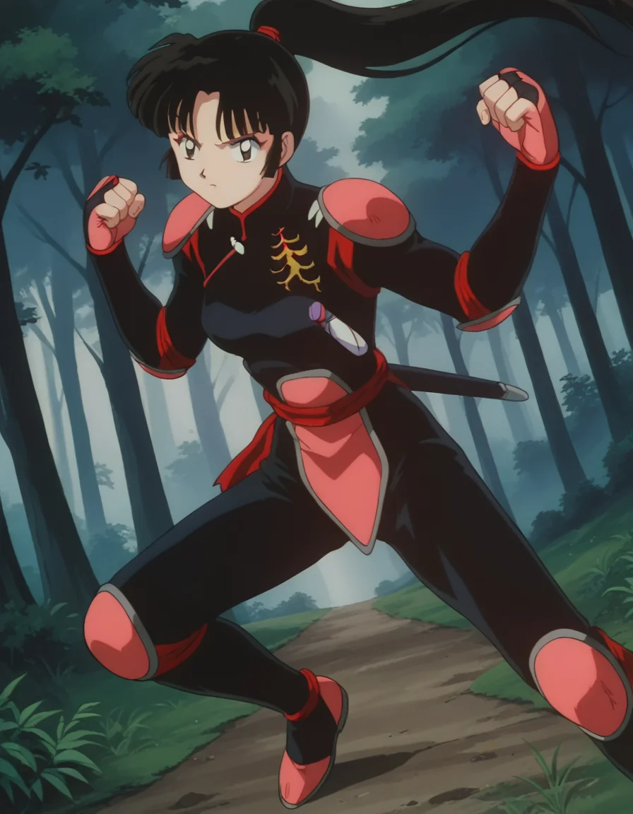 score_9, score_8_up, score_7_up, source_anime,
inuyashasango, <lora:inuyasha-sango-ponyxl-lora-nochekaiser:1>,
sango, long hair, black hair, brown eyes, retro artstyle,
ponytail, armor, bodysuit, pilot suit,
outdoors, forest, nature,
looking at viewer, fighting stance,