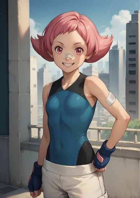 score_9,score_8_up,score_7_up,score_6_up,source anime BREAK, solo,
looking at viewer, outdoors, city, portrait, smile,
1girl, maylene (pokemon), pink eyes, pink hair, small breasts, short hair, eyelashes, pointy hair,
white pants, blue gloves, bandaid on nose, bandaid, bandaid on arm, bodysuit, fingerless gloves, spandex, sleeveless,
<lora:maylene_v1_0:1> <lora:Anime Screencap_epoch_10:0.7>