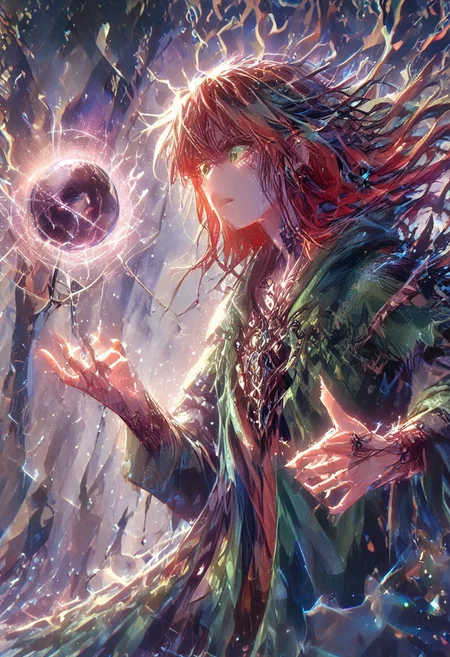 quality, intricate details, Mystical light. Fog. The feminine mage's appearance: evil and mystical, with spiky robes that seem made of green cloth with golden stitches. hud_cryst4l_b4ll, glowing, crystal ball, orb, upper body, table, long ginger hair, a ball in one hand and mysterious goat skull in another hand, Rubies, symbolizing their magical power. Bioluminescent green eyes Glow. a dark evil gaze that hints at their ancient knowledge and mystical prowess. alchemical laboratory, blending the natural with the magical, Soft natural lighting, High Definition HD, High Detail, Perfect Composition, gothic horror film photography style, light grain,cry5t415ku11, orbstaff