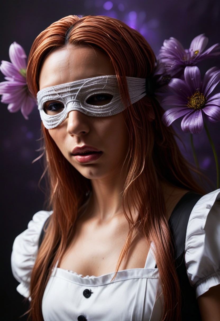 close-up shot, reality-shot, realism, realistic photography, beautiful woman, blindfold, covered eyes, long hair, hair made of copper wire, maid uniform, looking at viewer, purple theme, flower, dark_theme,abstract background, depth of field