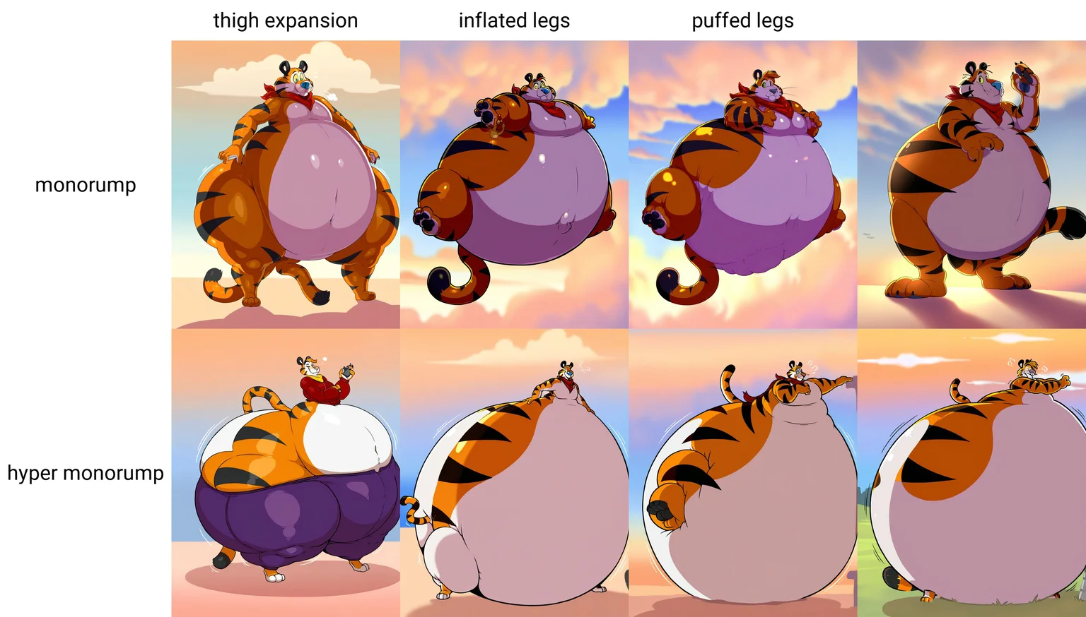 by neodokuro, solo, tony the tiger, anthro, male, tiger, felid, pantherine, cloudy sky, inflating, monorump, thigh expansion, best quality, highly detailed, <lora:MaleInflationXL_042-Noob-nd64-na16-lr2-ep10:1>