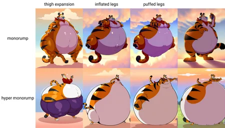 by neodokuro, solo, tony the tiger, anthro, male, tiger, felid, pantherine, cloudy sky, inflating, monorump, thigh expansion, best quality, highly detailed,  <lora:MaleInflationXL_042-Noob-nd64-na16-lr2-ep10:1>