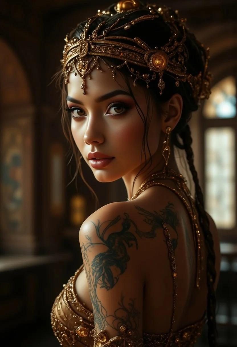 Create an over the shoulder portrait of a beautiful, Nubia woman, exposing her bare neck and shoulders, emphasizing the details of her skin, ornate hairpins, and intricate tattoos. She gazes directly at the viewer with an intense, alluring and sensual expression. Her flawless pale skin contrasts with the vibrant colors of her traditional Nubian tattoos, visible on her neck and shoulders. Her hair is elegantly pulled up, adorned with exquisite hairpins and jewelry that catch the soft, atmospheric light.
The portrait captures the sensuality reminiscent of artists like Luis Royo, focusing on delicate features and emotional depth. Her makeup enhances her features: a natural complexion, with glossy lips, and subtly defined eyes that convey mystery and allure. The background is a softly blurred interior of a traditional Nubia setting, with warm, muted colors that complement her appearance and enhance the intimate mood.
The overall composition is highly detailed and realistic, with intricate textures and rich colors. Soft, dramatic lighting highlights the contours of her face and the intricate designs of her headdress and tattoos. The mood blends serenity with subtle intensity, capturing beauty in an evocative and atmospheric portrait, (((ultra-realistic style))), realistic soft lighting, dark, eye-catching, atmospheric lighting, natural, shallow depth of field, (highlights: 0.8), high detail (dynamic, sincere, cinematic shot, film grain, bokeh, depth of field,