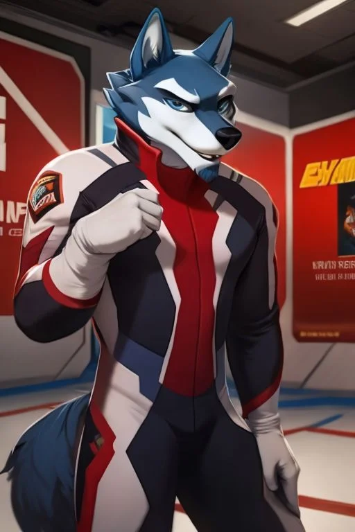 ASCIIFull view, male, cartoon wolf, ((wolf tail)) wearing racing suit, white boots, solo, smirk, detailed background, detailed  blue wolf eyes, by Darkgem,