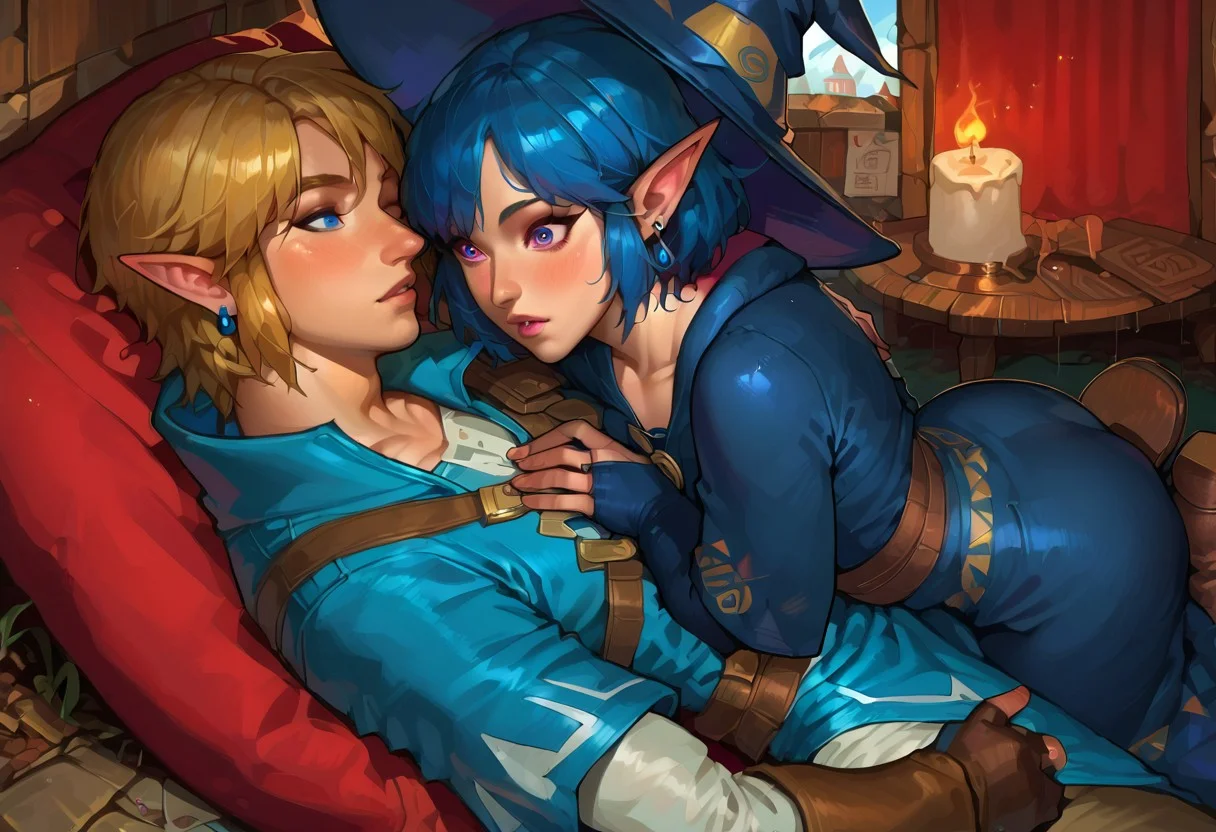 score_9,score_8_up,score_7_up, 1girl, zzIrene, pointy ears, pink eyes, short hair, blue hair, witch hat, witch, earrings, long robe, BREAK, 1boy, linkxl, short blonde hair, pointy ears, blue eyes, bridal gauntlets, brown fingerless gloves, brown footwear, blue tunic, pants, BREAK, cuddles, tender love, cute