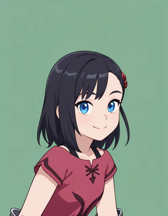 1girl, blue eyes, shirt, covered shoulder, black hair, medium hair, hair ornament, smile, gauntlet,
Simple background, white background, looking at viewer,