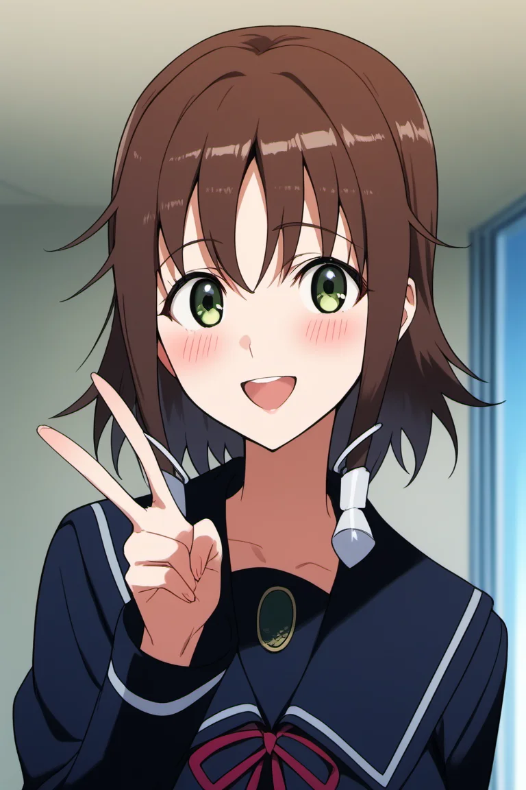 yukizome kukuri, green eyes, brown hair, short hair, school uniform, black uniform, serafuku, purple pleated skirt, black kneehighs, zettai ryouiki, loafers, <lora:Yukizome_Kukuri:0.8>, score_9, score_8_up, score_7_up, score_6_up, score_5_up, source_anime, rating_safe, smile:1, (blush:1.5), (upper body:1.3), open mouth, medium breasts, indoors, study room, 1girl, solo, looking at viewer, <lora:age_slider_v4:3>, v sign