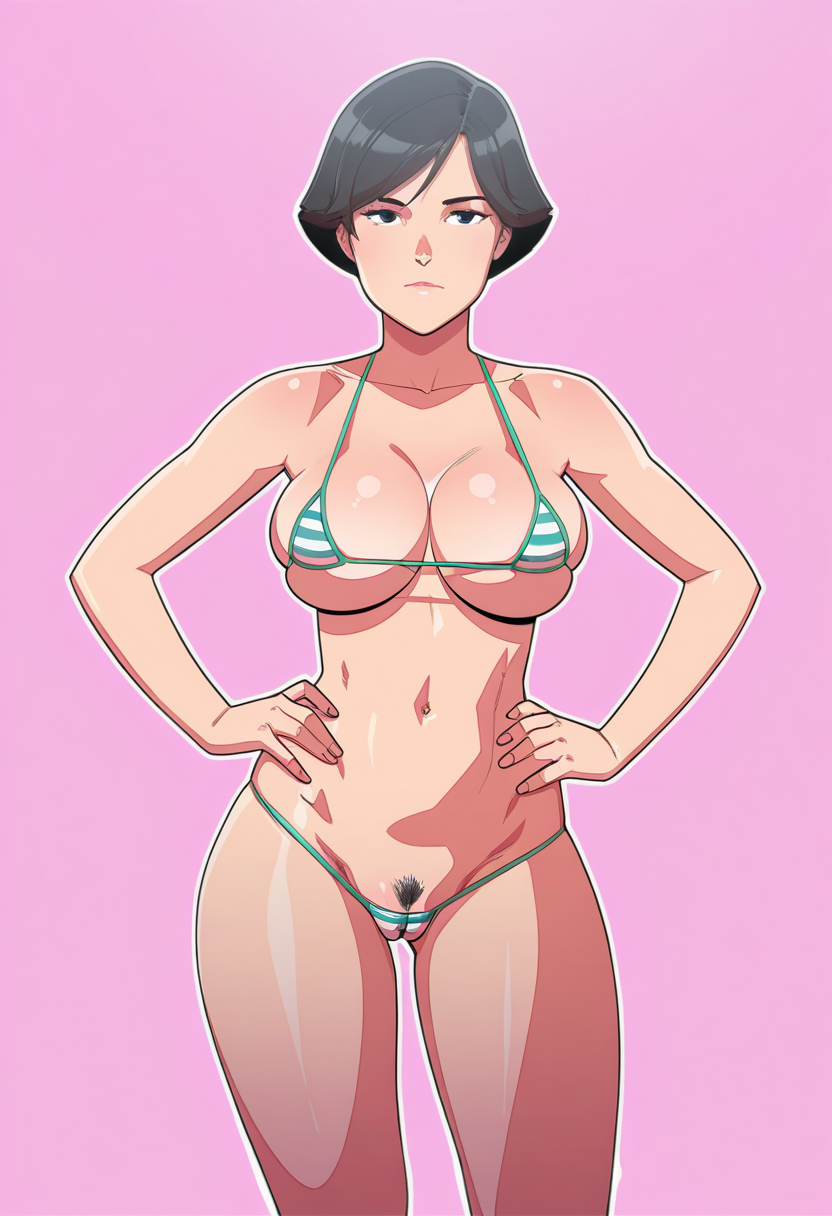 masterpiece, best quality,
 <lora:Tekuho_Style:1> T3kuh0, 1girl, solo,standing, hands on own hips,looking at viewer, black hair, short hair, black eyes,mature female, large breasts, wide hips,female pubic hair, cameltoe, skindentation,bikini, micro bikini, striped bikini,