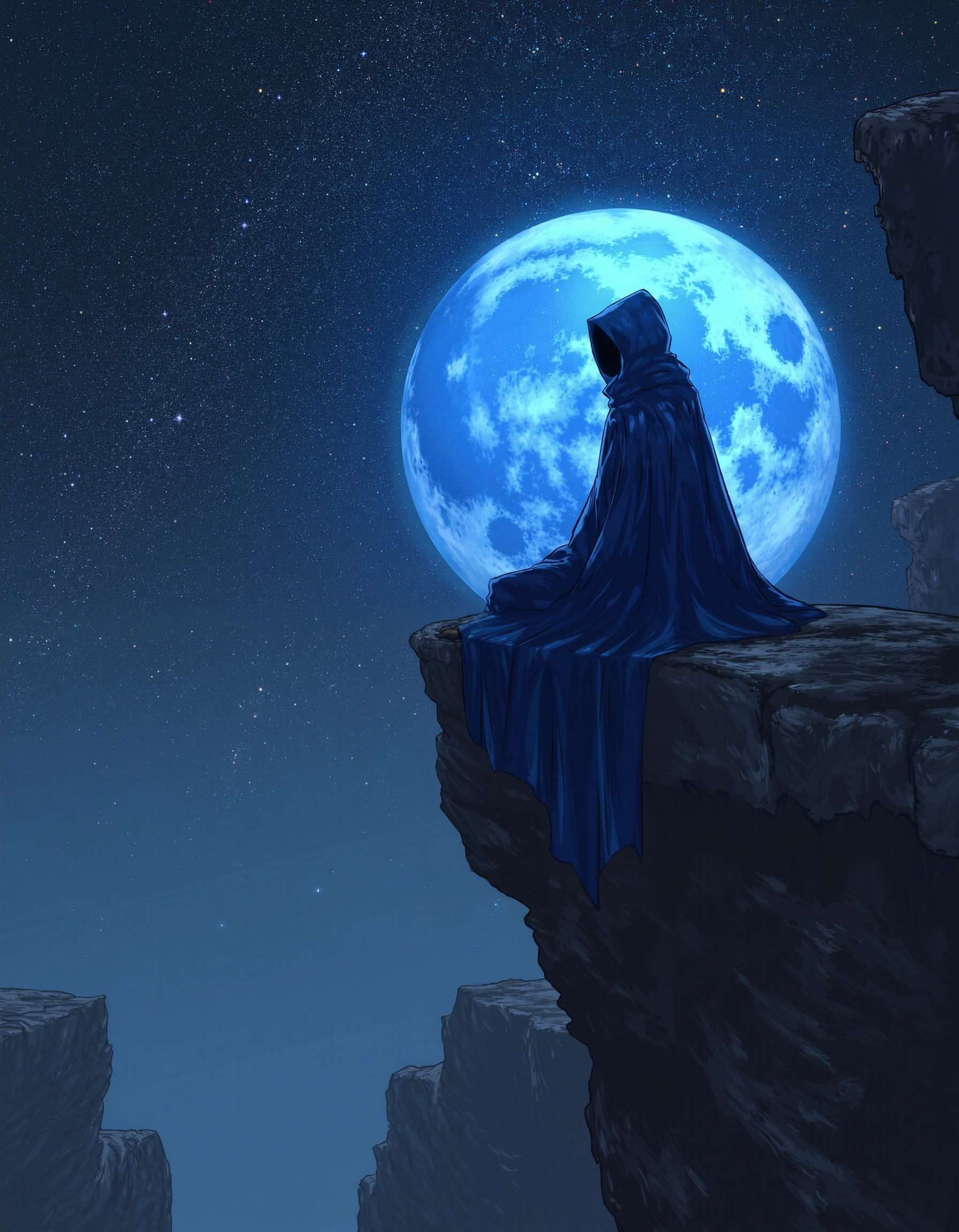 A mysterious, hooded figure draped in a long, flowing blue cloak sits solemnly on the edge of a rugged, rocky cliff. The figureâs face is hidden in deep shadow, adding an aura of enigma and solitude. The background features a vast, dark starry sky with countless shimmering stars, dominated by a large, glowing, bluish moon, casting a faint ethereal light. The rocky formations are detailed, textured, and rugged, creating a stark contrast with the smooth, almost liquid-like fabric of the cloak. The overall mood is surreal, melancholic, and otherworldly, with deep shadows and cool, muted color tones emphasizing mystery and cosmic loneliness , anime, cyberpunk The painting is in the style of umesky. <lora:Grimmold:0.5> <lora:ume_sky_v2:0.8>