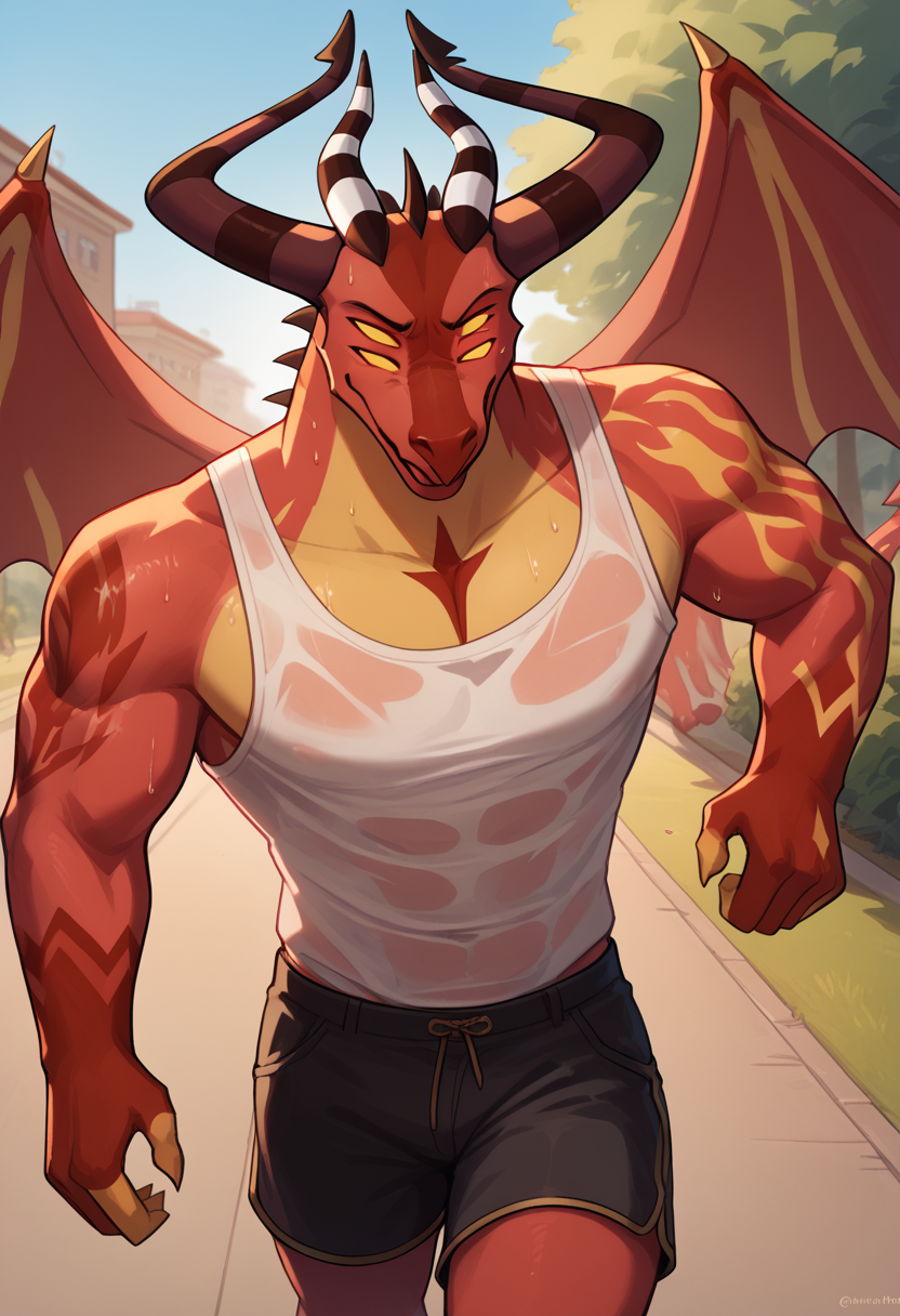 score_9, score_8_up, score_7_up,
((best quality)), absurdres,
<lora:HBSatanPXL:1> HBSatanPXL, anthro, male, 1boy,
park, jogging, in motion,  tank top, short shorts, translucent topwear, sweat, outdoors, half body portrait,
<lora:Smooth Anime Style LoRA XL:0.7> Smooth, Anime, <lora:Expressive_H:1> Expressiveh,