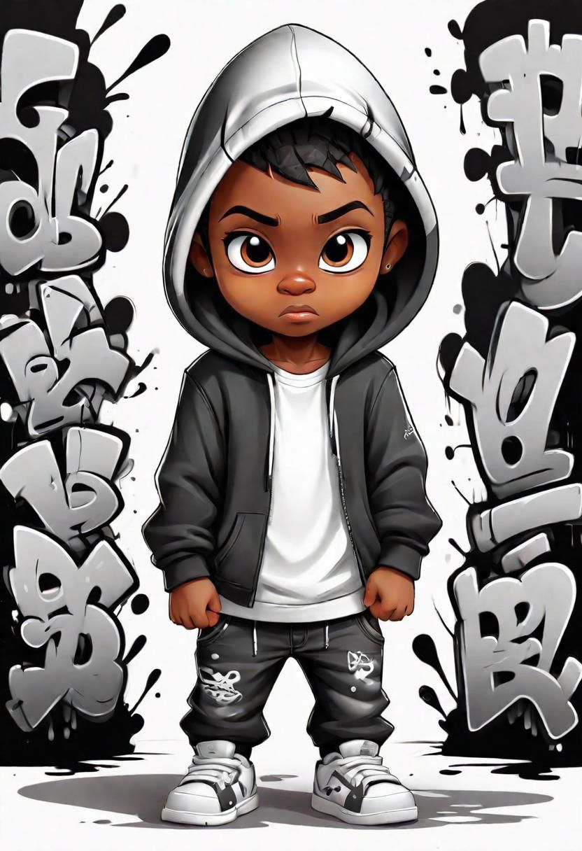 vector t shirt art ready to print black and white, graffiti style, full body, chibi, little black Boy wearing a hood, white background