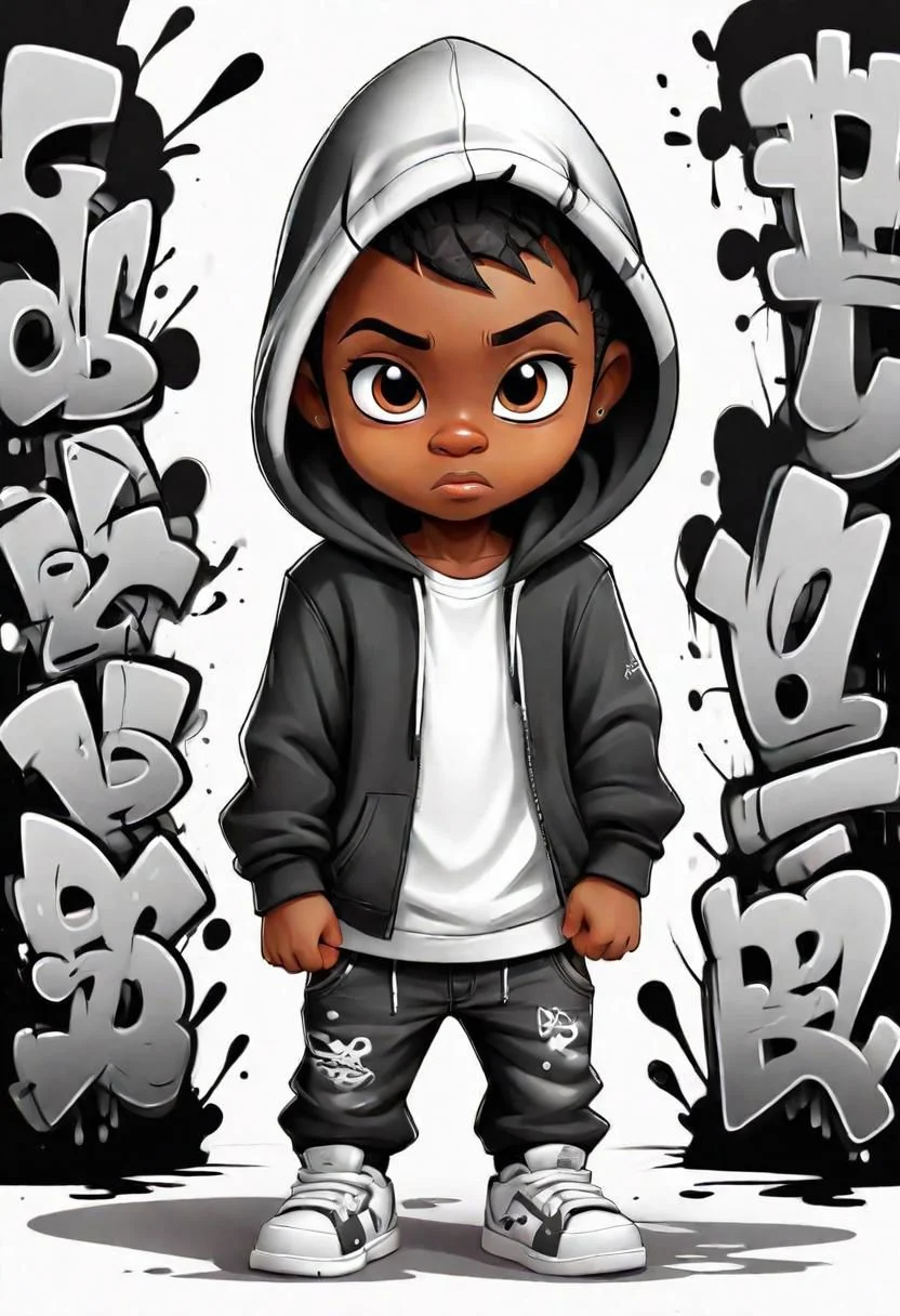 vector t shirt art ready to print black and white, graffiti style, full body, chibi, little black Boy wearing a hood, white background