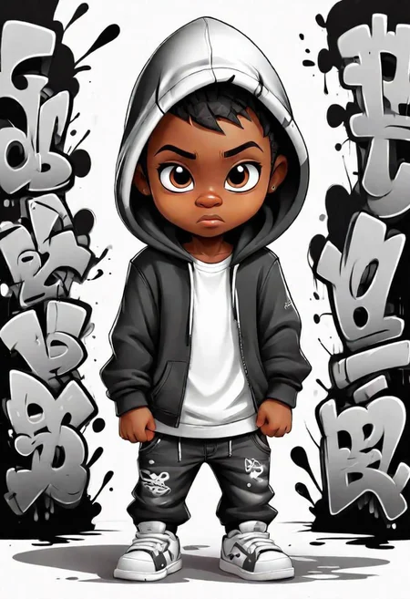 vector t shirt art ready to print black and white, graffiti style, full body, chibi, little black Boy wearing a hood, white background