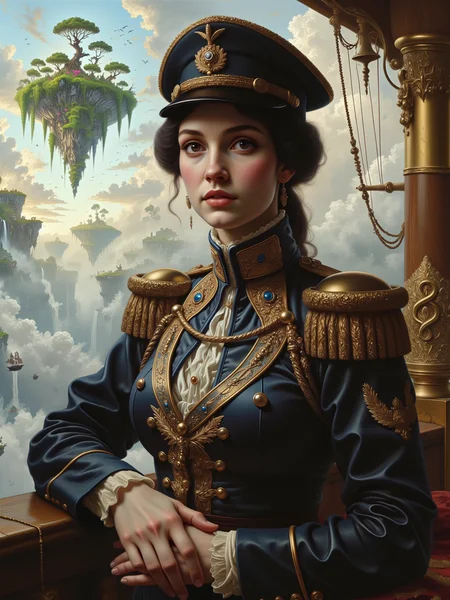 highly detailed and intricate classic victorian era portrait of a beautiful female steampunk admiral, capturing elegance and realism through soft, detailed brushstrokes, blending steampunk with romanticism, adding refined, luxurious textures and a soft, glowing atmosphere, muted colors, on the deck of an opulent airship sailing high above the clouds, the dramatic sky forms a vast backdrop, scattered with soft, painterly clouds, and in the far distance a lush, floating wooded island, ethereal and dreamlike, suspended in mid-air, its verdant greens softened by mist, in the foreground, the airshipâs deck is lined with intricate brass railings polished to a fine gleam, accented by rich, mahogany wood inlays that reflect light, while in the background the soft, billowing clouds stretch across the sky, the distant floating island with delicate foliage and faintly glowing waterfalls adds a fantastical touch, the central figure, a beautiful female admiral with black hair and an admiral's hat, commands attention with an aura of refined grace, her stance calm yet assertive, her uniform is both military and noble, exquisitely adorned with fine embroidery, delicate gold accents, and subtle metallic details, a richly embellished tricorn hat adds a touch of nobility and distinction, her expression is serene and contemplative, her gaze directed beyond the viewer, her eyes reflecting wisdom and strength, her ornate uniform, in shades of navy blue and deep bronze, is embellished with finely crafted silver embroidery and brass buttons, each detail illuminated softly, her hand rests gracefully on the polished brass railing, evoking elegance and control, her posture dignified and slightly angled to reveal the ornateness of her attire, a three-quarter portrait, from the waist up, rendered in a traditional style, the eye-level perspective creates an intimate connection, as if capturing a formal sitting, the floating island covered in lush forest is softly visible over her shoulder in the distance, adding subtle layers of mystique to the composition, gentle, diffused light creates a soft glow across her face and uniform, bathing her features in warm, golden highlights that evoke sunlight on fine silk and polished brass, the light casting a delicate glow onto the brass accents and embroidered details, lending an almost ethereal quality to the scene, the distant floating island is bathed in faint, mystical hues, enhancing the portraitâs romantic allure, oil on canvas, with layered, flowing brushstrokes, capturing the delicate interplay of light and shadow on fabric, metal, and skin, ethereal, 19th century victorian oil painting by ernest normand, <lora:style-ernest_normand-flux-by_darmox:0.76> <lora:style-classic_paint-flux-by_andreac75:0.4> <lora:image_enhancer-flux-by_dever:0.76>