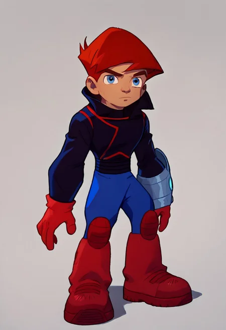 score_9, score_8_up, score_7_up, 1boy, solo, James Rogers, Blue Eyes, Red Hair, Hero Costume, Black Jacket, red gloves and boots, red knee pads, blue pants, one mechanical bracer, single bracer, bracer on left arm,