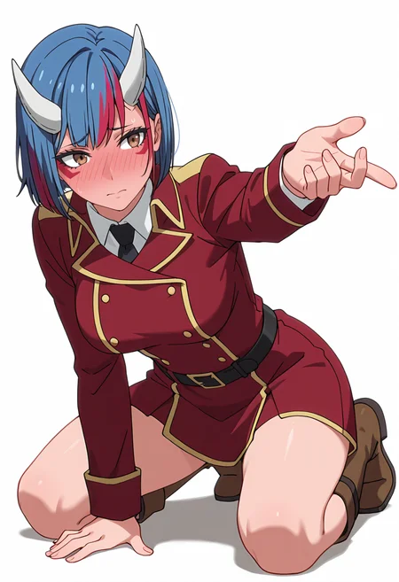 Smooth Quality,masterpiece,very intricate, high quality details, ultra realistic, high detailed skin,detailed enviorement,absurdres,
simple background, white background,solo, 
kneeling, one hand on ground, reaching forward, focused, tense,  ,beckoning,full-face blush,furrowed brow, <lora:Gobwa_cnn:0.8> gobwacnn,1girl, short hair,blue hair, multicolored hair, facial mark, streaked hair,white horns, brown eyes,shirt,red jacket, red coat, black belt, double-breasted, boots,