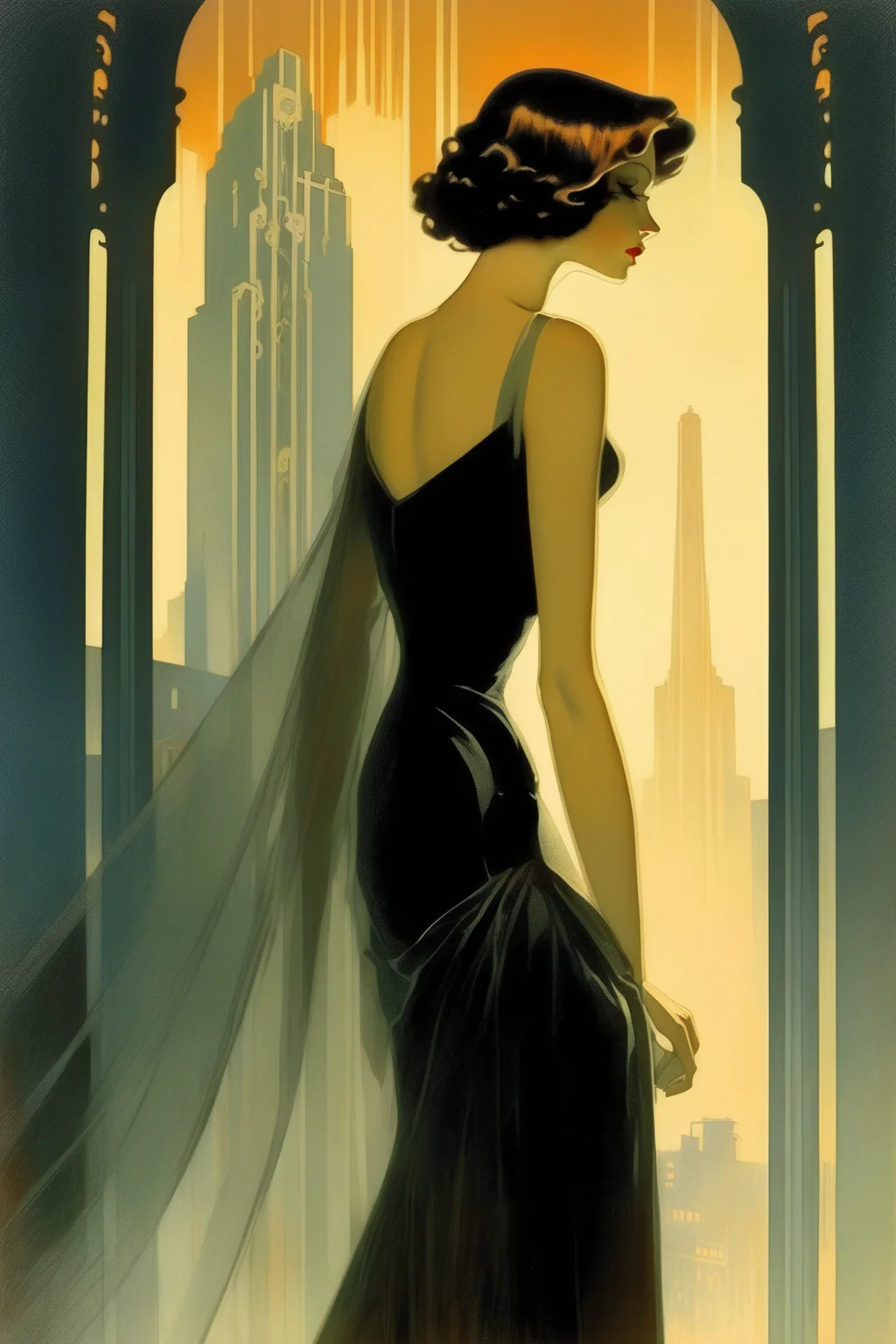 <lora:Luc Schuiten Style:1>Luc Schuiten Style - the beauty behind the veil, sheer, silhouette, forlorn amongst the dystopia now, art deco moderne, beauties, sorrows and class, full body, Girl, woman, romance overlooked, lost daydream
