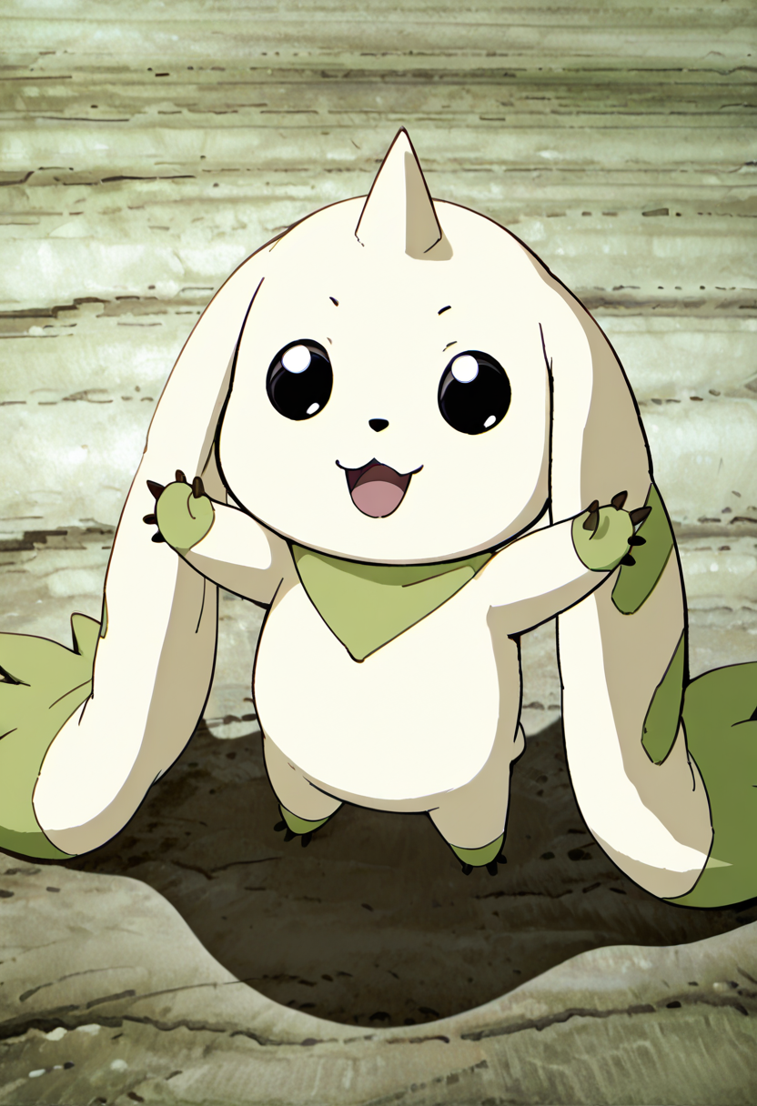 masterpiece, best quality, no humans,   ,<lora:TerriermonDigimon_IXL:1.0>,    zzTerriermon, looking at viewer, smile, open mouth, standing, full body, :d, outdoors, black eyes, :3, shadow, outstretched arms