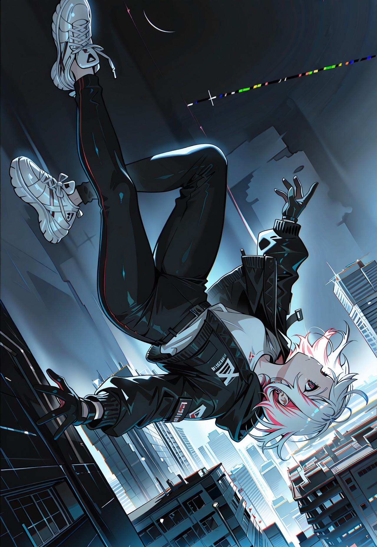 WALLPPR_ST, masterpiece, best quality, very aesthetic, high resolution, ultra-detailed, absurdres, newest, detailed eyes, beautiful, perfect lighting, hi res, amazing quality, very awa, painting_(artwork), dynamic angle, dynamic pose, WALLPPR_ST, detailed background, 1girl, female focus, building, shoes, black jacket, black pants, falling, sneakers, city, long sleeves, floating, white footwear, glitch, hood, shirt, gloves, jewelry, full body, white hair, earrings, multicolored hair, night, short hair