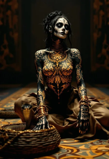 Closeup of the intricate detailed Design of a face painted slightly smiling albino scandinavian Woman, large Da de los Muertos and aztec indian pattern inspired by tim burton and hr giger across her whole Body in vibrant dark natural color palette, , illuminated in darkness, leaning forward, black messy hairbun, deep depth background like a long infinite floor to another galaxy. A high-resolution, detailed photograph of a slender snake dancer in the style of the 1920s. She is dressed in billowy harem pants and a fitted, intricately patterned top, her arms raised gracefully as she performs an enchanting dance. Her wrists and fingers are adorned with shimmering bracelets, moving fluidly like the hypnotic rhythm of her performance. In front of her, a cobra emerges from an ornate wicker basket, transfixed by her movements. The scene is bathed in warm, ambient lighting, highlighting the dancer's elegance and the snake's gleaming scales. The backdrop features art deco patterns and muted tones, enhancing the vintage atmosphere of the setting.