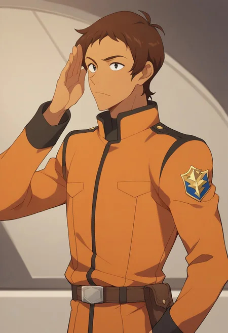 score_9, score_8_up, score_7_up, source_anime, highly detailed, 
lance, 1boy, solo, male focus, brown hair, short hair, dark skin, dark-skinned male, uniform, military uniform, orange uniform, belt, upper body, black eyes, salute,
indoor, aerospace base