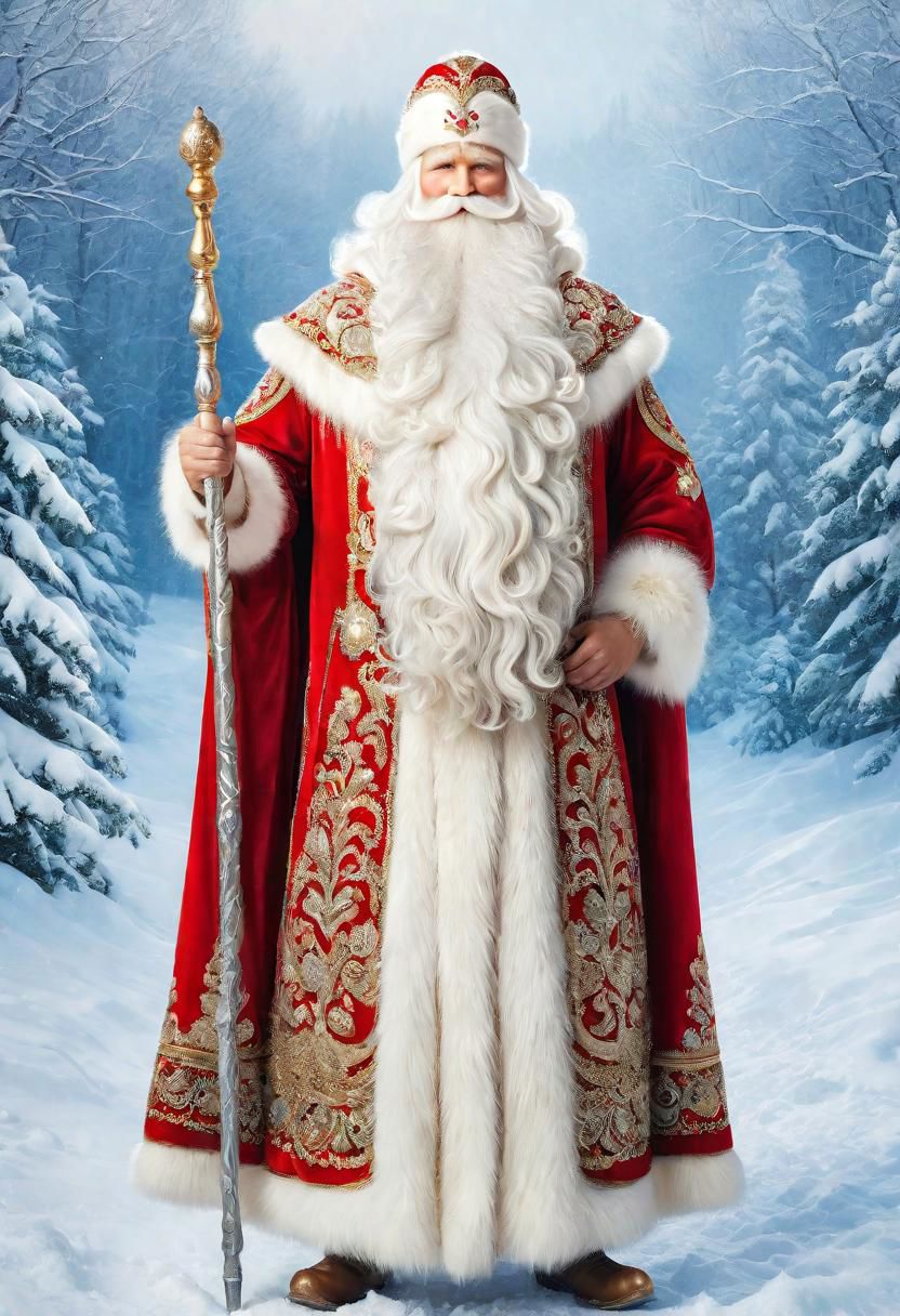 ((best quality)), ((masterpiece)), detailed soft oil painting, detailed background, soft edge lighting, professional, ultra quality, 4k,(masteriece, best quality, 8k, ultra highres, highres:1.4), extremely detailed, 
((a strong man of 60 years old with a long snow-white beard in the image of Russian, slavic Ded Moroz)) 
(standing:2) (full body photo:2) in the snowy forest, 
stands in a snowy forest among snow-covered fir trees, 
in a white fur coat trimmed with swan down or sable fur, embroidered with traditional Russian ornaments in silver - stars, crosses, geese, drawing in the style of oil painting, medium brush strokes, khokhloma style, slavic style, 
On the head is a traditional white warm boyar hat in the shape of a semi-oval, decorated with traditional Russian silver and pearl embroidery, trimmed with swan's down.
on her hands are huge white three-fingered mittens, decorated with traditional Russian silver embroidery.
The fur coat is tied with a white sash, embroidered with traditional Russian patterns.
On his feet are exclusively white felt boots embroidered with silver.
(((With his right hand he holds a long magical crystal staff with a twisted handle. The staff is decorated with a moon and a bull's head))). 
looks at the viewer, cheerful calm kind look, kind smile, cheeks red from frost, 
winter, a bright sunny frosty day, fluffy Christmas trees in snow, snow sparkles under the rays of the sun,
 by Viktor Vasnetsov, by Vasily Surikov