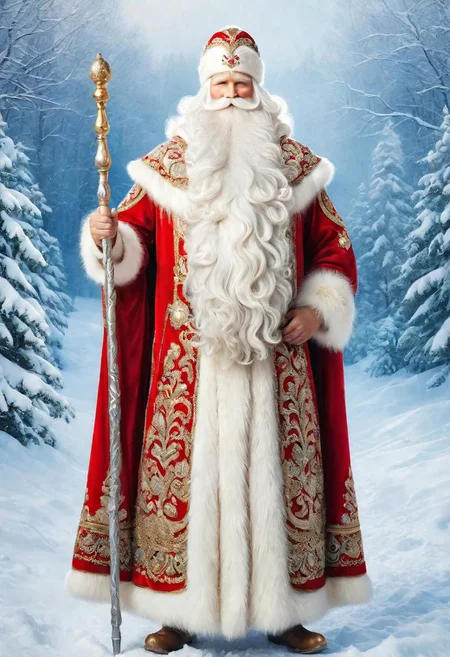 ((best quality)), ((masterpiece)), detailed soft oil painting, detailed background, soft edge lighting, professional, ultra quality, 4k,(masteriece, best quality, 8k, ultra highres, highres:1.4), extremely detailed, 
((a strong man of 60 years old with a long snow-white beard in the image of Russian, slavic Ded Moroz)) 
(standing:2) (full body photo:2) in the snowy forest, 
stands in a snowy forest among snow-covered fir trees, 
in a white fur coat trimmed with swan down or sable fur, embroidered with traditional Russian ornaments in silver - stars, crosses, geese, drawing in the style of oil painting, medium brush strokes, khokhloma style, slavic style, 
On the head is a traditional white warm boyar hat in the shape of a semi-oval, decorated with traditional Russian silver and pearl embroidery, trimmed with swan's down.
on her hands are huge white three-fingered mittens, decorated with traditional Russian silver embroidery.
The fur coat is tied with a white sash, embroidered with traditional Russian patterns.
On his feet are exclusively white felt boots embroidered with silver.
(((With his right hand he holds a long magical crystal staff with a twisted handle. The staff is decorated with a moon and a bull's head))). 
looks at the viewer, cheerful calm kind look, kind smile, cheeks red from frost, 
winter, a bright sunny frosty day, fluffy Christmas trees in snow, snow sparkles under the rays of the sun,
 by Viktor Vasnetsov, by Vasily Surikov