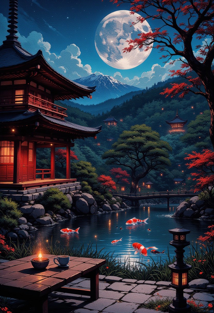 Midnight in a Japanese Tea Garden
"The full moon hangs low over a tranquil Japanese tea garden, its silver light illuminating a red pagoda veiled in mist. A wooden bench beside the pond sits empty, but a teacup still steams on the low table. Fireflies flicker among the reeds, their tiny lights weaving through the darkness like whispers. The koi glide through the water in slow, hypnotic circles, their movements strangely synchronized. A stone lantern casts a soft glow on the garden path, but just beyond its reach, the shadows stretch deeper than they should."