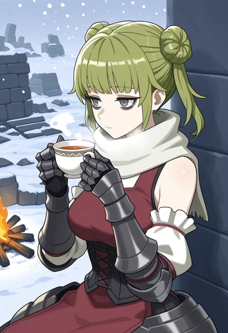 source_vanillaware,
zoomed out,
1girl, solo,
TatianaIL, Tatiana Unicorn Overlord,
light skin, gray eyes, black eyeshadow, bags under eyes, green hair, side buns, twintails, medium breasts,
small shawl, red surcoat, black corset, white sleeve tips, dark gauntlets,
deadpan, cold breath, looking away,
teacup, holding tea, steam,
campfire,
snowing, ancient ruins,
