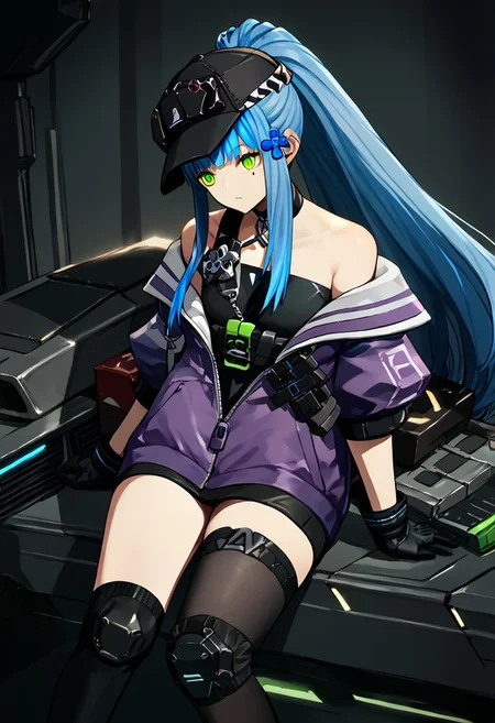 score_9, score_8_up, score_7_up, score_6_up, score_5_up, score_4_up, source_anime, solo, 1girl, 
blue hair,long hair,ponytail,bangs,hair ornament,green eyes,facial mark, 
416_def,hat,choker,[purple jacket],multicolored jacket,bare shoulders,knee pads,black thighhighs,zettai ryouiki,thigh strap,black gloves,[black shirt], 
masterpiece, best quality, very aesthetic, absurdres,