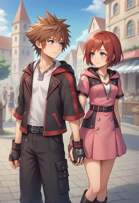 score_9, score_8_up, source_anime, highly detailed, 1girl, 1boy, upper body,
kairi, 1girl, blue eyes, zipper, jewelry, boots, dress, necklace, short hair, red hair, pink dress, zipper pull tab, pleated dress, short dress,
sora, fingerless gloves, 1boy, male focus, spiked hair, blue eyes, gloves, necklace, brown hair, hood, short sleeves,
outdoor, village, holding hands, date,