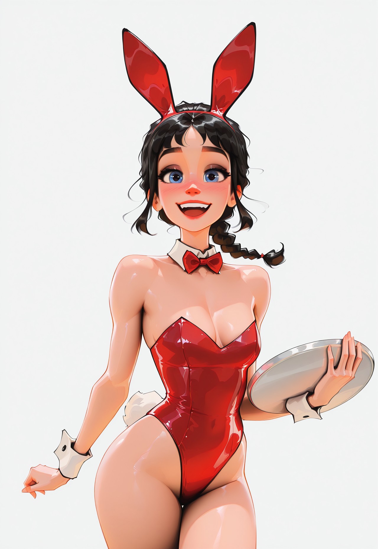 safe_pos, \sam yang\, detailed_\eyes\, \eye\ reflection, mature female, (solo), 1girl, animal ears, bow, tail, bare legs, tray, wrist cuffs, detached collar, bowtie, blue eyes, simple background, rabbit tail, black hair, wide smile, breasts, braid, sidelocks, bare shoulders, holding, grey background, highleg, looking at viewer, red bow, strapless leotard, highleg leotard, strapless, small pointy breasts, no bra, braless, bangs, half_open mouth, (wide smile), holding tray, red bowtie, cowboy shot, blushing, thighs, masterpiece, best quality, amazing quality, year 2024, premiere quality, incredibly absurdres, official art, original, newest, highres, absurdres