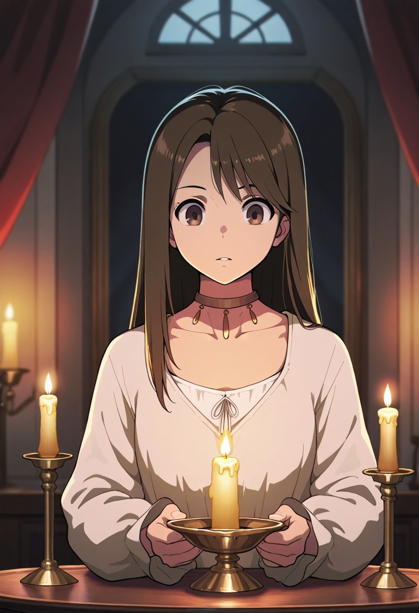 masterpiece,best quality,amazing quality, amiris, brown eyes, brown hair, long hair, 1girl, candle, solo, candlelight, candlestand, choker