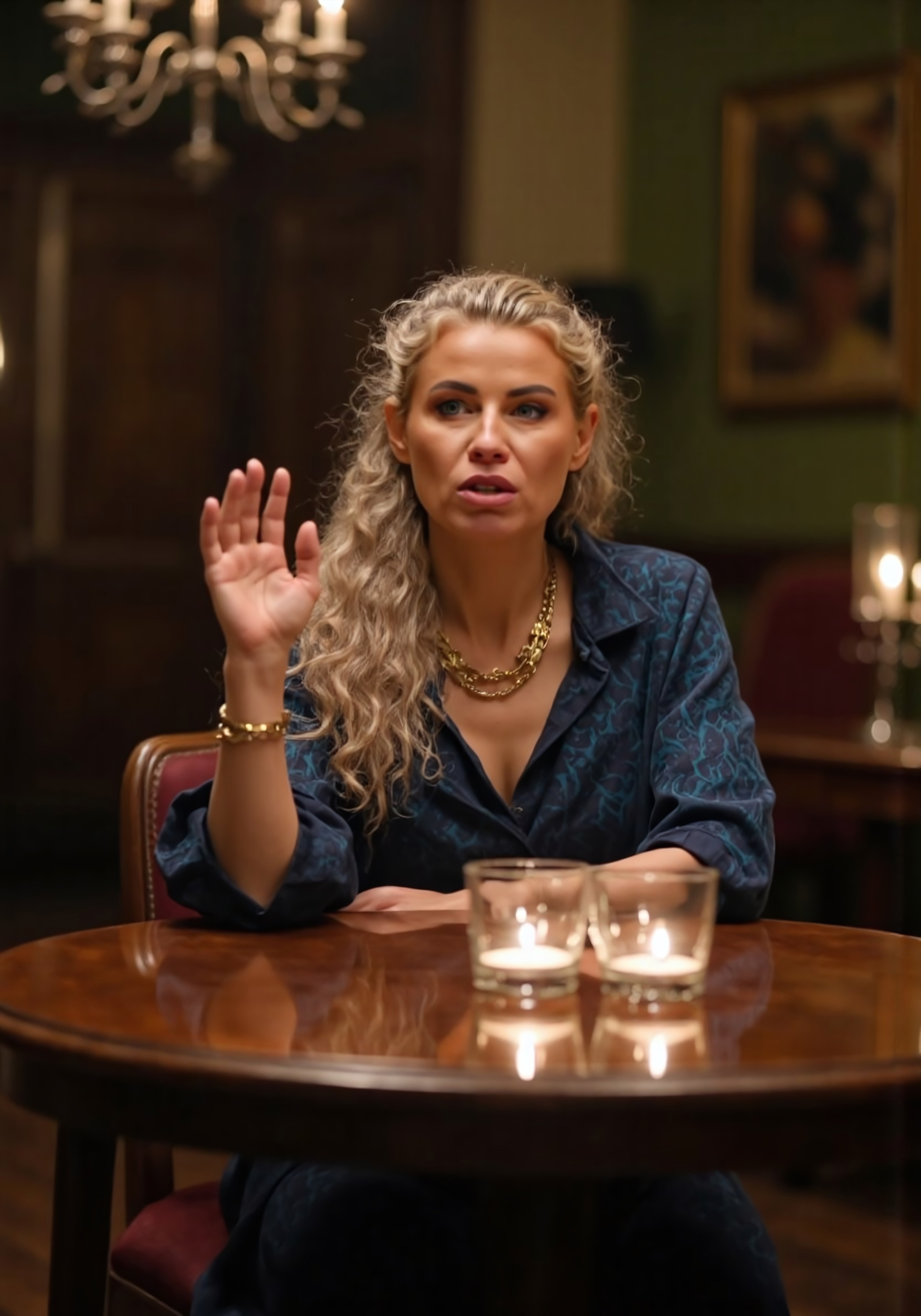 (hdr masterpiece, hyper realistic, ultra realistic, soft light, realism, lifelike, award winning photography)

A mysterious 30 year old slender woman with long wavy blonde hair pulled back under a patterned head scarf sits at a round table in center of focus.  The woman is dressed as a 1920s spiritualist with colorful blue and black garb evocative of Roma cultural style; flowing, loose blouse, with a hint of cleavage.  Gold chain necklaces around neck and gold chain bracelets on wrists.

The scene is lit by candle light from a few candles arrayed on a round, darkwood table around a crystal or clear glass orb. The woman gestures toward the orb with one perfect hand, weaving a tale for an unseen audience.

The background of the scene is a smoking room or billiards room in an Edwardian style, but it is obscured in shadow.