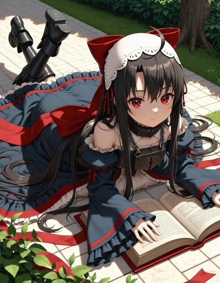 1girl,
very awa, red eyes, black hair, long hair, very long hair, ahoge, daliandress, padlock, collar, metal collar, chain, black dress, headdress, long sleeves, hair bow, large bow, red bow, armored boots, frills, book, outdoors, lying, dynamic angle, black footwear, detached collar, closed mouth, on stomach, lock, wide sleeves, bare shoulders, bow, solo, boots, open book, goth fashion, dress, looking at viewer,
masterpiece, best quality, newest, highres, absurdres, general
<lora:NoobV065sHyperDmd:1> <lora:NovelDalian_IXL:1>
