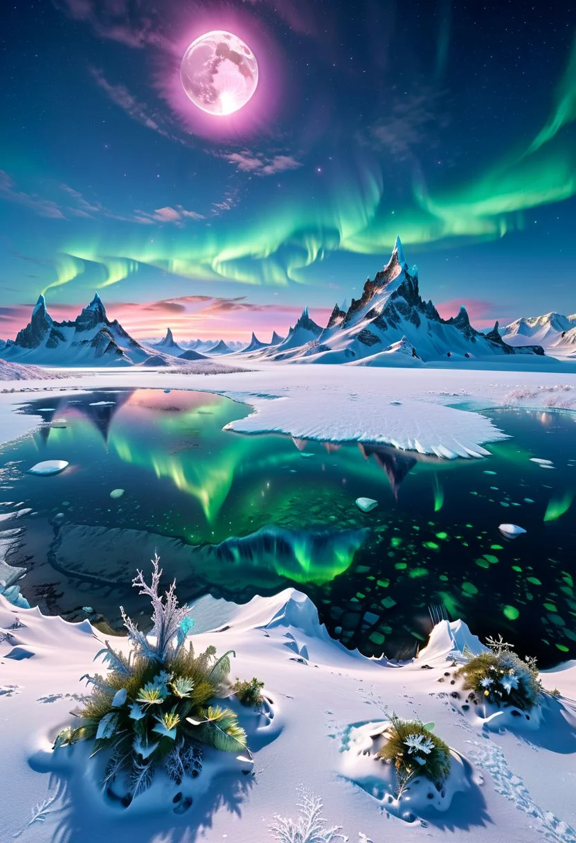 Create a stunning landscape of a frozen alien tundra, with vast ice plains and towering ice formations that sparkle under a brilliant aurora. Strange, bioluminescent plants peek through the snow, casting a soft glow. The sky is filled with distant stars and a massive, glowing moon. Best quality, high resolution, ultra-detailed, 8k.