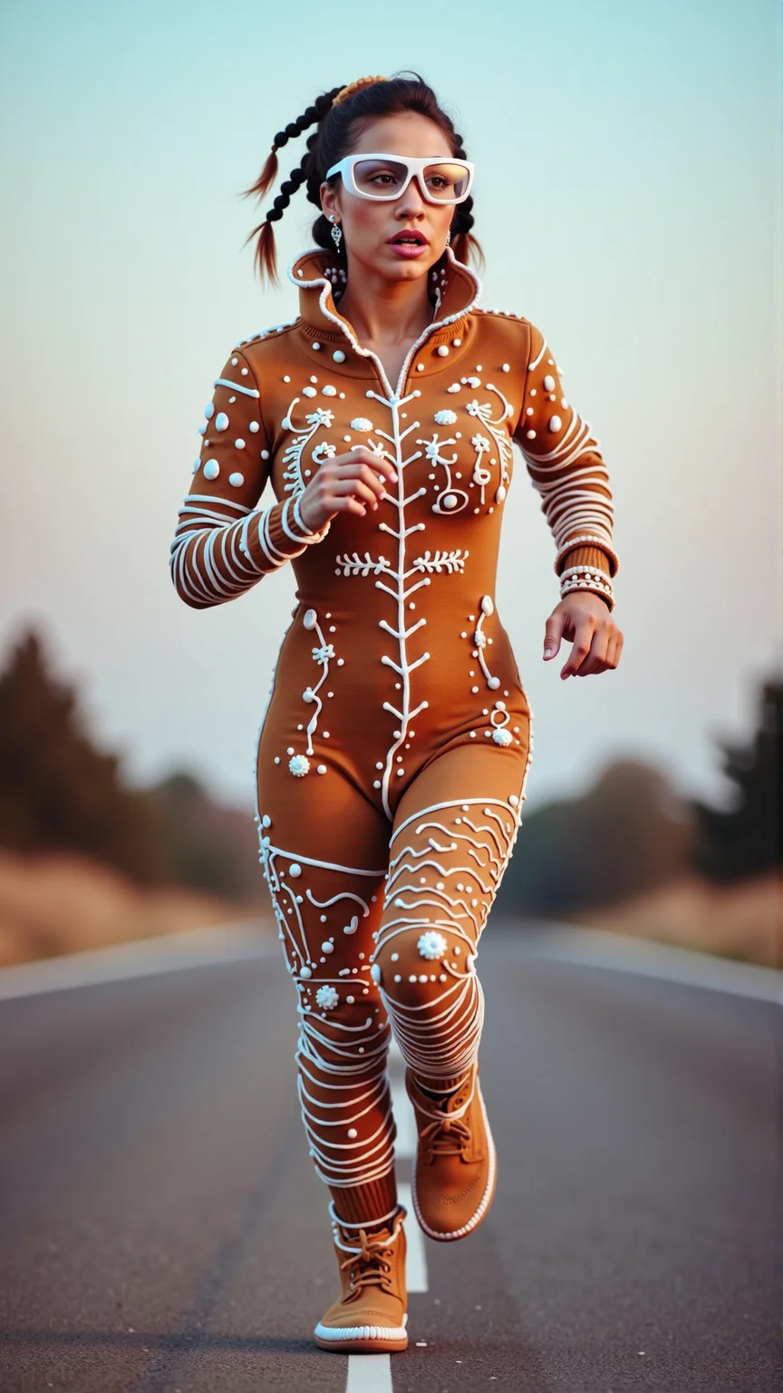 GingerbreadStyle and made entirely out of gingerbread and frosting, a Documentary photography, Native American, young, woman, Medium hair, Cornrows hair, Fade hair, Dirty Blonde hair, Scrunchie, Asian eyes shape, Amber eyes, Safety glasses, Plump lips, Pink lips, Diamond face, Classic makeup, Fearful, Slim body, Running, Singing, Casual Chic dress, Soft light, Caustics, Blue hour, Hazy, soft pink background, Nature background, Canon EOS M50, Full shot, Ground level angle
<lora:GingerbreadStyleFlux:0.9>