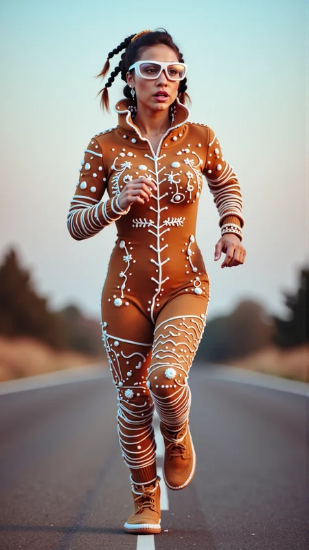 GingerbreadStyle and made entirely out of gingerbread and frosting, a Documentary photography, Native American, young, woman, Medium hair, Cornrows hair, Fade hair, Dirty Blonde hair, Scrunchie, Asian eyes shape, Amber eyes, Safety glasses, Plump lips, Pink lips, Diamond face, Classic makeup, Fearful, Slim body, Running, Singing, Casual Chic dress, Soft light, Caustics, Blue hour, Hazy, soft pink background, Nature background, Canon EOS M50, Full shot, Ground level angle
<lora:GingerbreadStyleFlux:0.9>