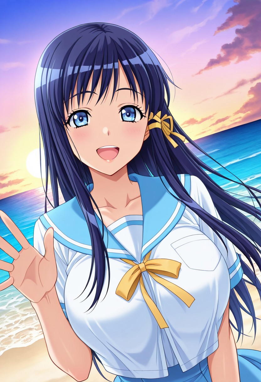 general,highres, ultra-detailed,very aesthetic,best quality ,best hands,best eyes,easynegative,
dynamic anglre, dutch angle, anime cloring,
1girl solo,looking at viewer,outdoors, sea,beach, smile, waving hand, open mouth, 
Kotoko YOTSUYA,blue_eyes, dark-blue_hair, long_hair,huge_breasts, hair ribbon, yellow ribbon,open chest school uniform,