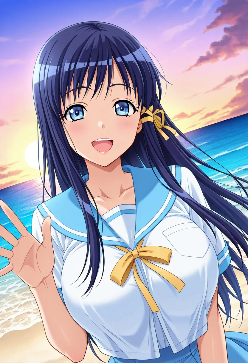general,highres, ultra-detailed,very aesthetic,best quality ,best hands,best eyes,easynegative,
dynamic anglre, dutch angle, anime cloring,
1girl solo,looking at viewer,outdoors, sea,beach, smile, waving hand, open mouth, 
Kotoko YOTSUYA,blue_eyes, dark-blue_hair, long_hair,huge_breasts, hair ribbon, yellow ribbon,open chest school uniform,
