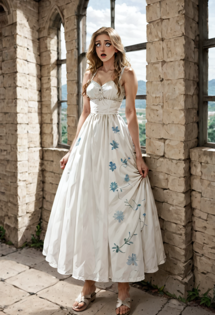 <lora:CelinePXL-2:1> CelinePXL-2, solo, Light blue sundress, floral embroidery (breezy, light, classic),
White strappy sandals, silver locket,
Minimal makeup with a natural glow, tinted lip balm, and light mascara, <lora:DetailedEyes_V3:1>, summer, window, shocked