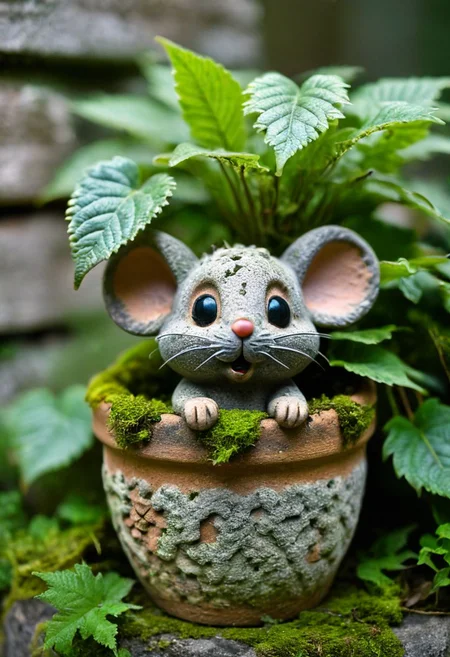 Closeup, amazing quality, masterpiece, best quality, hyper detailed, ultra detailed, UHD, perfect anatomy, portrait, dof, hyper-realism, majestic, awesome, inspiring, an old eroded weathered sandstone terracotta flowerpot planted with forest soil, green and overgrown, moss, fern, ivy, with a small fluffy mouse in it, cinamatic composition, soft shadows, national geographic style