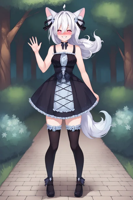 score_9, score_8_up, score_7_up, score_6_up, BREAK, PookyBooVTPXLv2, pink eyes, white hair, long hair, hair between eyes, hair ornament, ahoge, animal ears, animal ear fluff, black choker, medium breasts, bare shoulders, black ribbon, black dress, black ribbon belt, black skirt, black thighhighs, black shoes, solo, full body, standing, waving, seductive smile, looking at viewer, naughty face, nose blush, forest <lora:PookyBooVTPXLv2:1>
