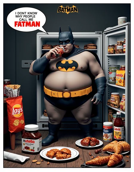 tittle batman: "FATMAN", photo batman fat, drinking coke, speech bubble saying bold "I DON'T KNOW WHY PEOPLE CALL ME FATMAN", refrigerator, pizzas, hamburguer, lay's chips, nutella, sandwich, croissant, cookies, ketchup, meat, chicken thighs, food on the floor, <lora:Hand v2:1> <lora:Anti-Blur:1> <lora:MoviePoster02-00_CE_FLUX_128AIT:1> mvpstrCE style