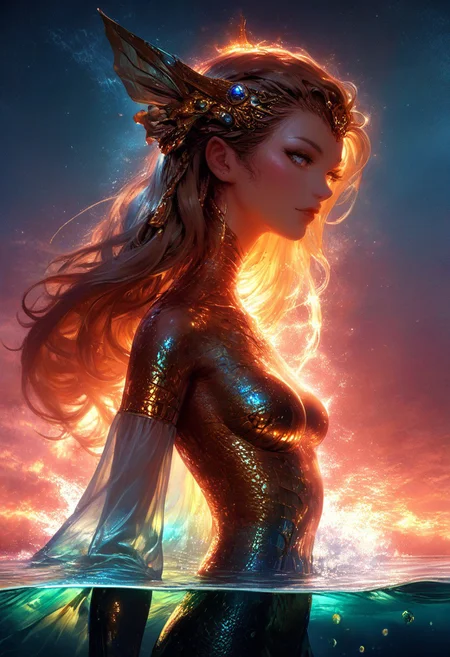 (score_9, score_8_up), score_7_up, zPDXL, solo, zPDXL3, <lora:MythAnim3Style:0.8>, MythAn1m3, character, source_anime, 1girl, mermaid, Iridescent eyes, aquatic scene, dreamlike atmosphere, mystical, ethereal light, detailed textures, whimsical, rippling, dripping, water element, very long cascading hair, water, very beautiful, sexy, sexy body, beautiful body, scales, wet body, Iridescent scales, bubbles, water drops, Iridescent skin, multi colored eyes, partially underwater shot, bioluminescent skin, bioluminescent, glowing, bioluminescent scales, bioluminescent hair, bioluminescent scales, FastNegativeV2, laser light clothes, submerged breast, water line on lense, view from under water, waterline, great lighting, seashells details, metallic details, hair ornaments, gems, sunset, bioluminescent tattoos, coastal landscape background, long hair braids, wet transparent clothing, translucent clothing, bodysuit with flowing sleeves, dark hair