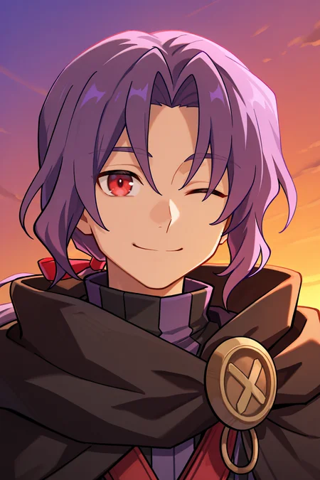 <lora:RussellIL:0.8> , rusdef, 1boy, red eyes, purple hair, long hair, ponytail, low ponytail, hair ribbon, black cloak, cape, striped tunic, tunic, facing left, ((face, close-up)), portrait, smile, evening, winking, looking at viewer, masterpiece, very aesthetic, absurdres, best quality, amazing quality, high resolution, <lora:illustrious_quality_modifiers_masterpieces_v1:0.8> , <lora:ChamIllustriousBackgroundEnhancer:0.5>, solo,
